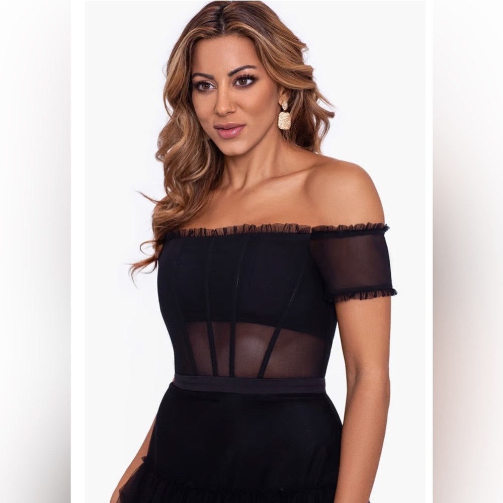 BETSY & ADAM Ruffle Off the Shoulder Tiered Ball Gown